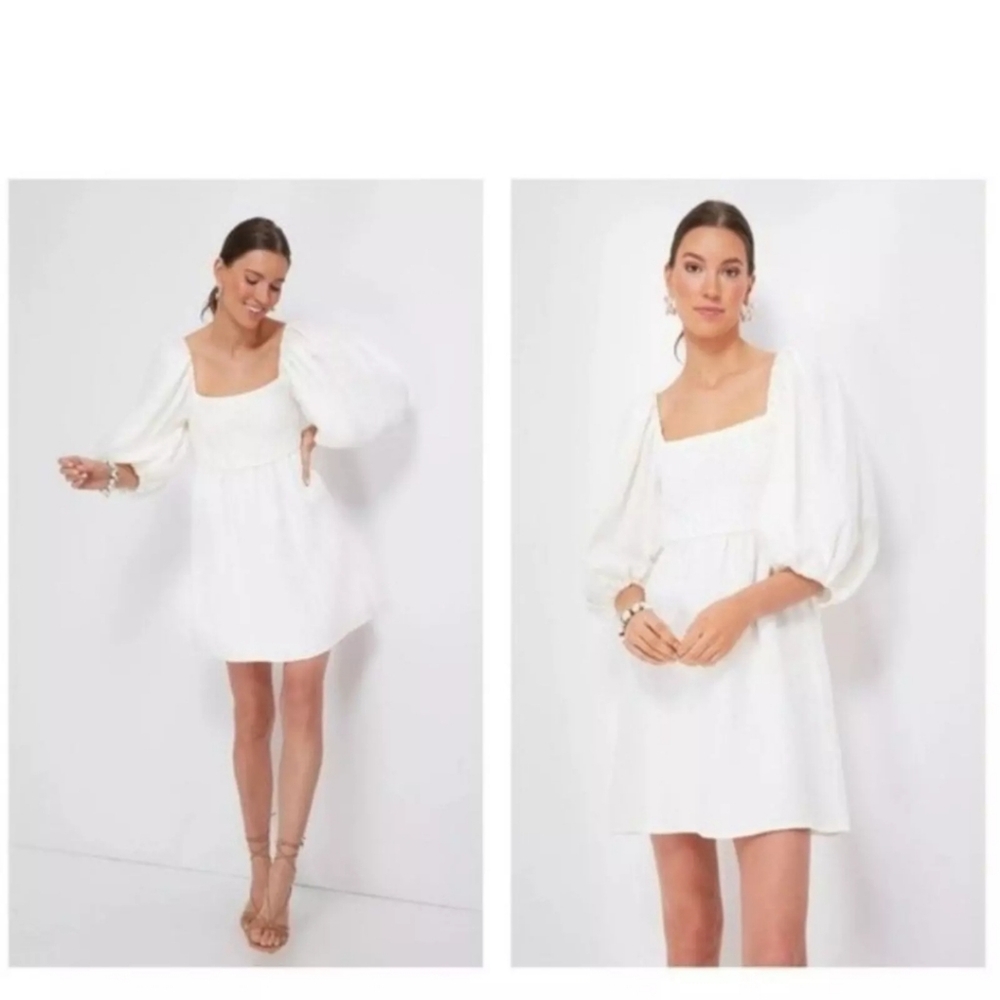 Tuckernuck Annie Smocked Mini Dress Puff Sleeves Square Neck Linen Size M